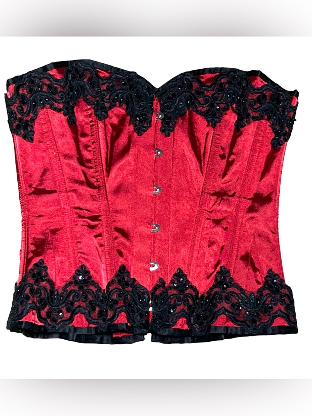 FOX & ROYAL RED BLACK ROCOCO EMBROIDERED LACE UP HOOK SATIN CORSET BUSTIER 32